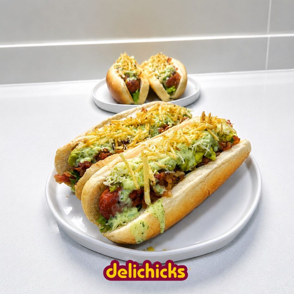 Perritos calientes con guacamole y cebolla caramelizada